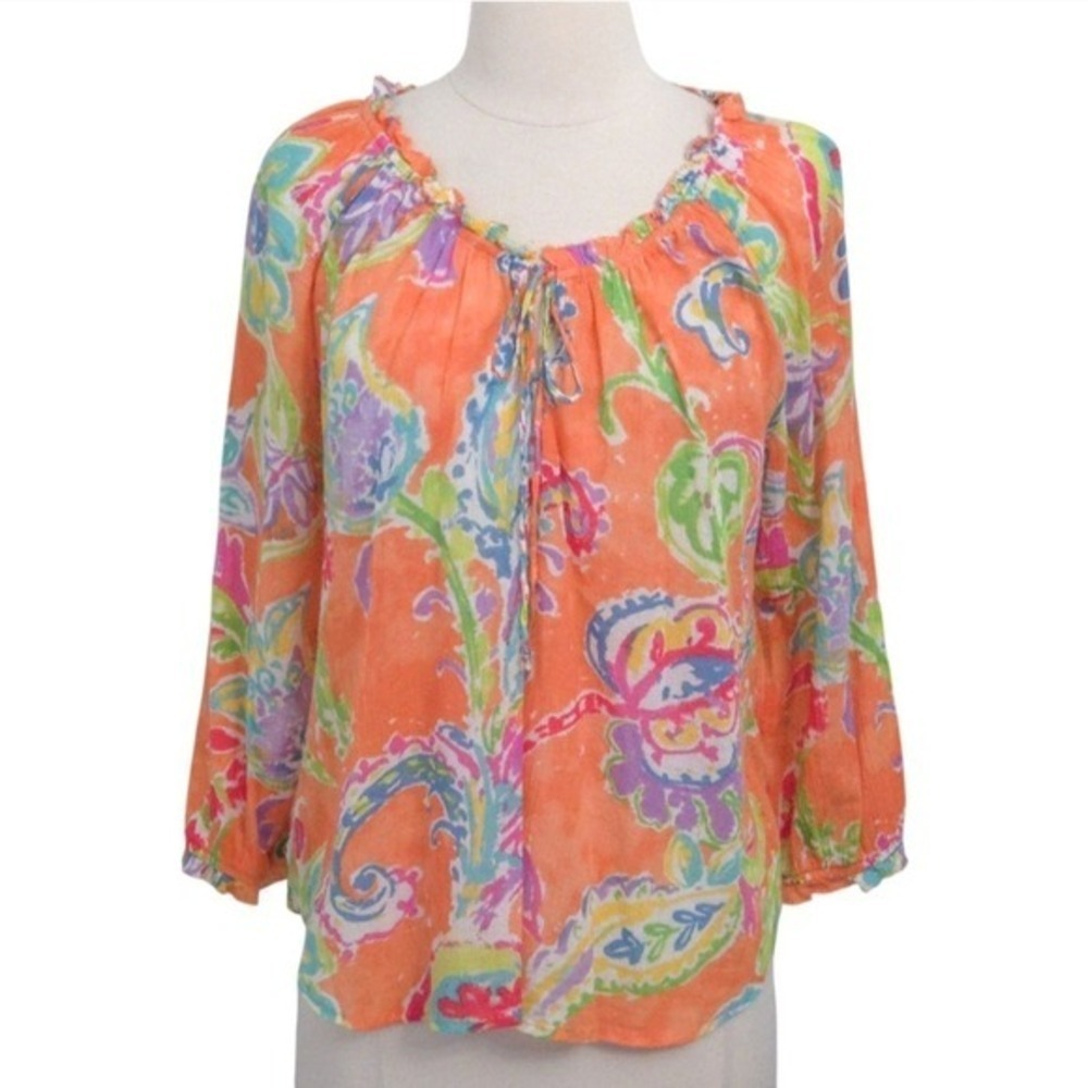 NWOT Ralph Lauren Orange Paisley Gauze 3/4-Sleeve Peasant Top- Small